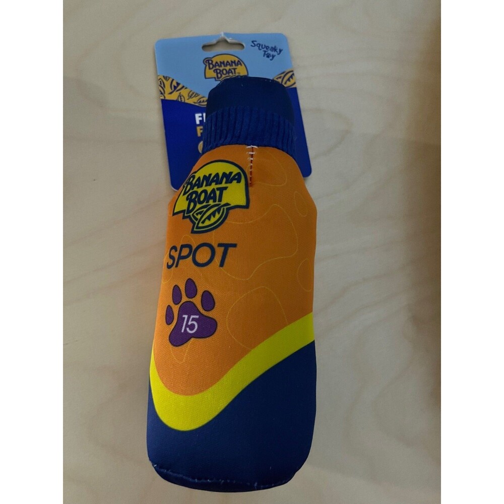 New Banana Boat  Fake Sunscreen Bottle Floating Fetch Squeaky Dog Toy Summer